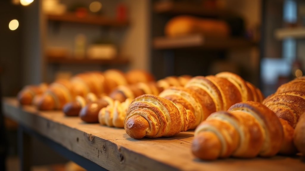 Fresh baked pastries and bread at an artisan bakery counter