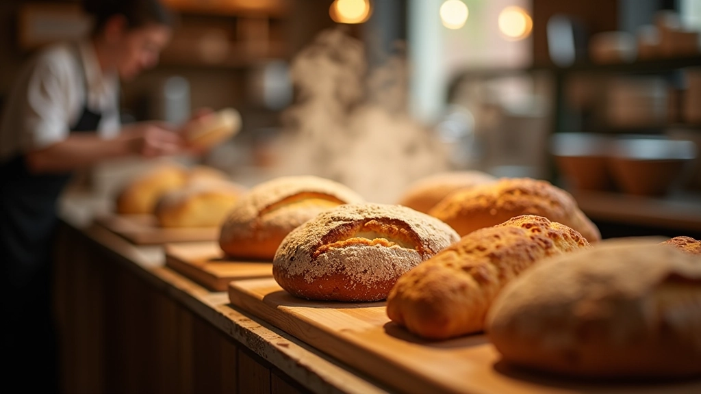Fresh-baked rye bread and pastries cooling on bakery counter with steam rising