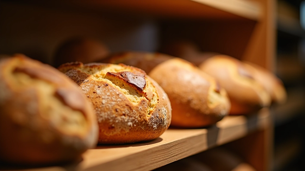 Fresh-baked Lithuanian rye bread cooling on bakery shelf with steam