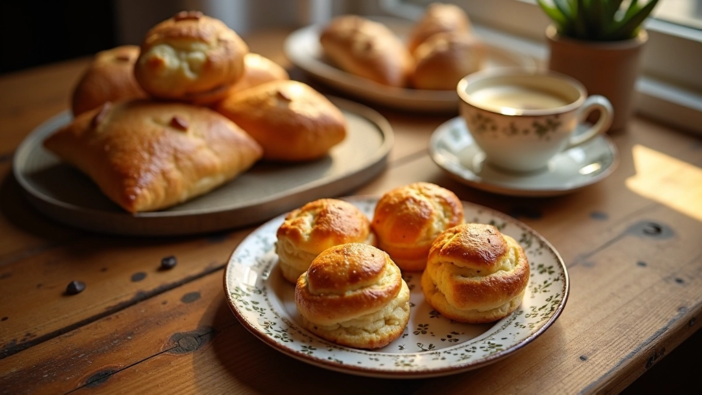 Modern coffee shop setting with pastries and notebook on wooden table, warm afternoon light