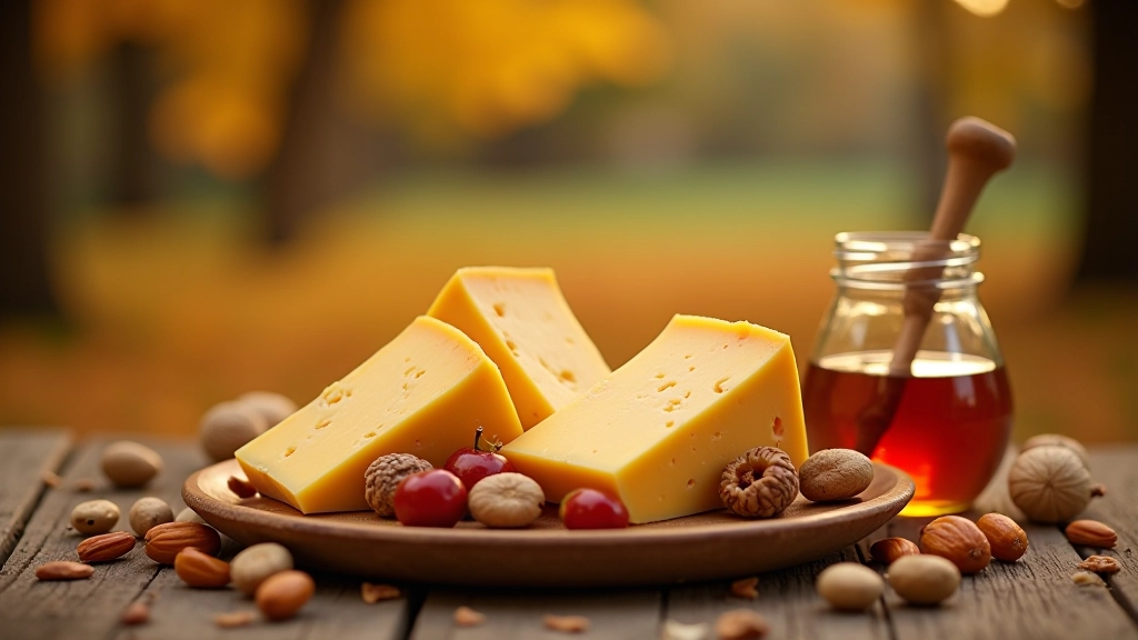Autumn harvest display with aged cheese wheels, nuts, and dried fruits arranged on rustic wooden surface, warm golden light