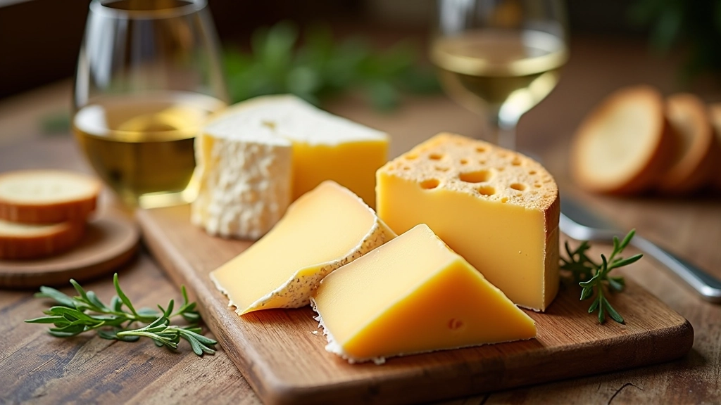 Wooden cutting board with assorted Lithuanian cheeses, bread, and herbs arranged for tasting presentation
