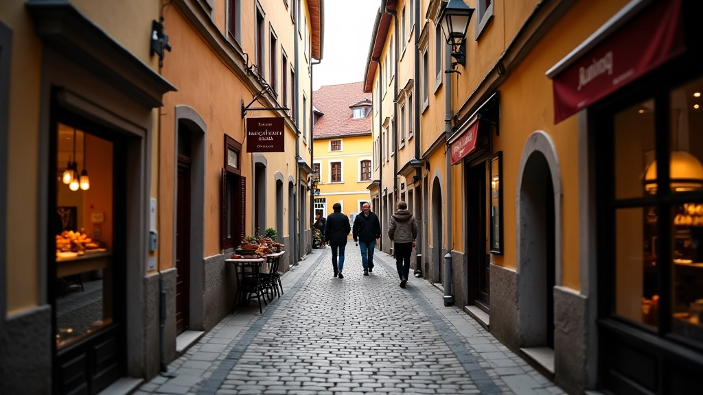 Narrow cobblestone street in Vilnius Old Town with historic buildings and shop fronts