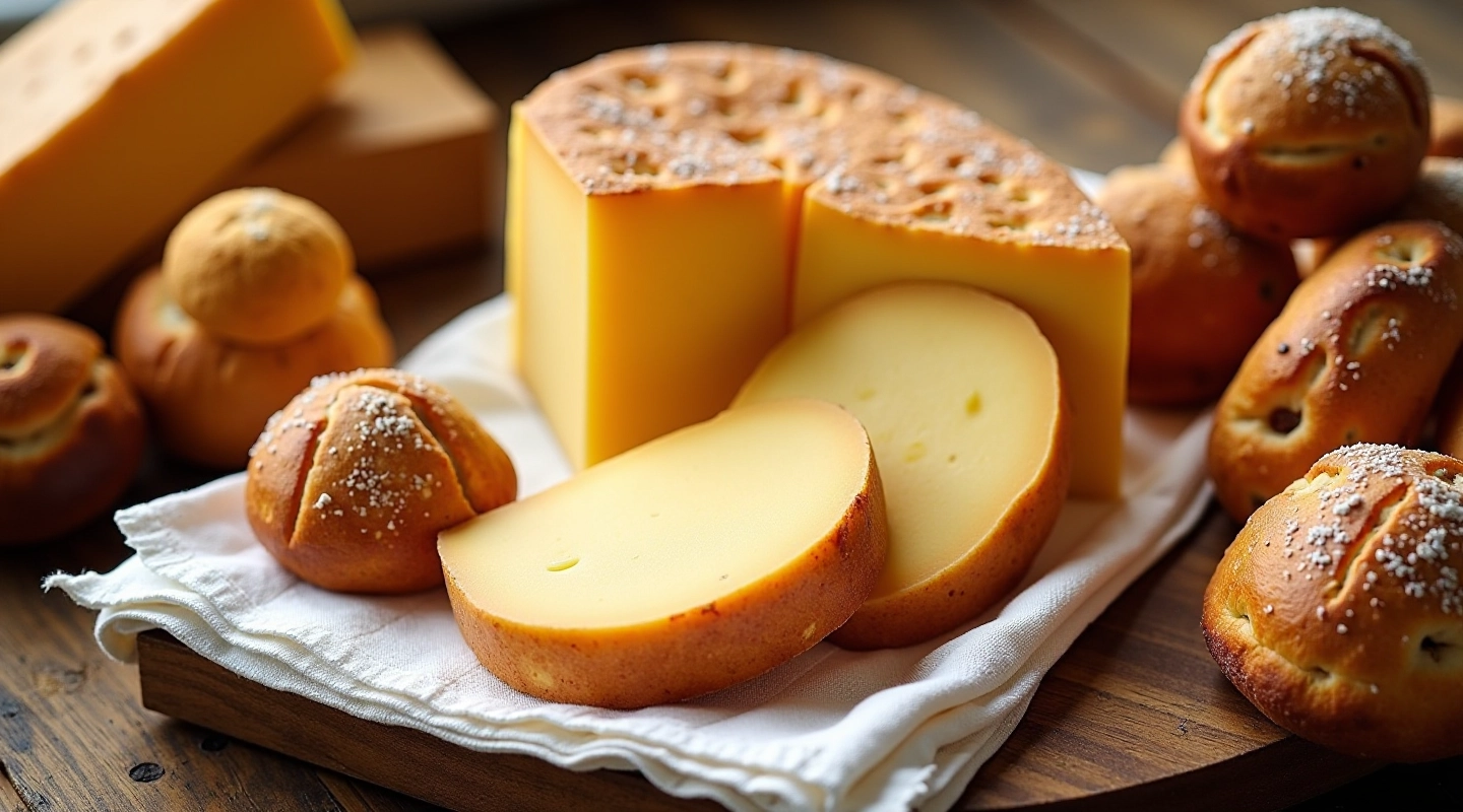 Traditional Lithuanian cheese and pastry display in historic Vilnius Old Town setting