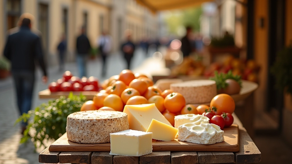 Spring market scene with fresh produce and dairy products displayed on wooden tables in Vilnius Old Town, bright morning light