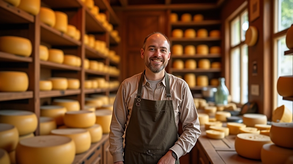 Interior of traditional cheese shop with wooden shelves displaying various aged cheese wheels and tasting counter