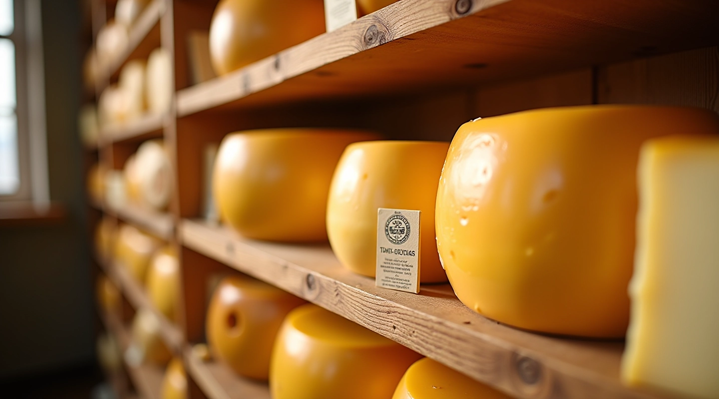 Display of traditional Lithuanian cheese wheels and aged dairy products on wooden shelf
