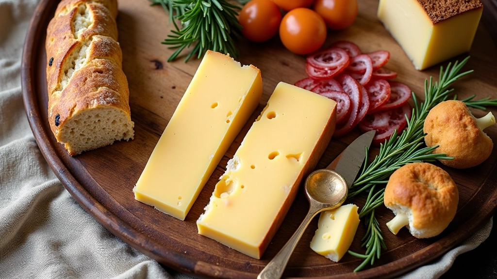 Overhead view of traditional Lithuanian food spread with cheese, bread, and local cured meats on linen cloth