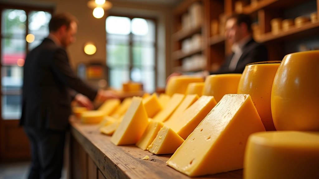 Artisanal cheese counter with various aged and fresh wheels displayed under warm sunlight, customer examining products
