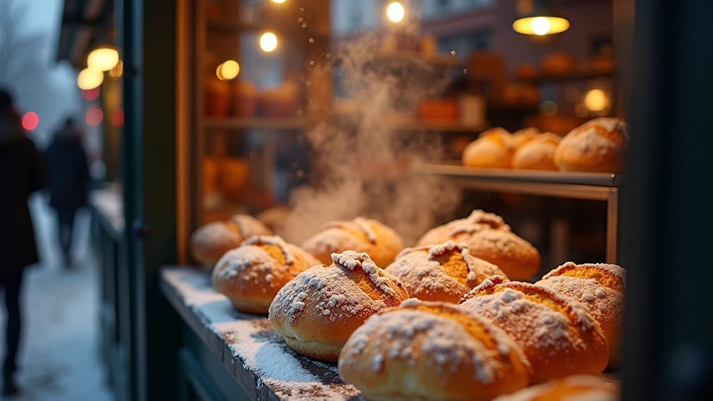 Winter market scene with steaming hot pastries and warm bread displayed, frost on Old Town windows, cozy shop interior lighting